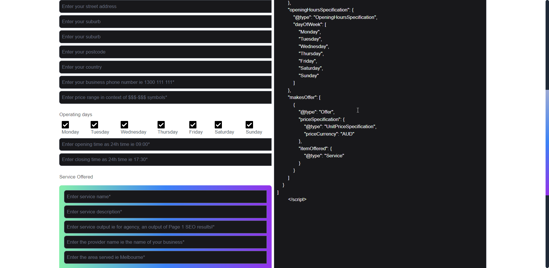Local Business Services Schema Generator for optimising your SEO on Google